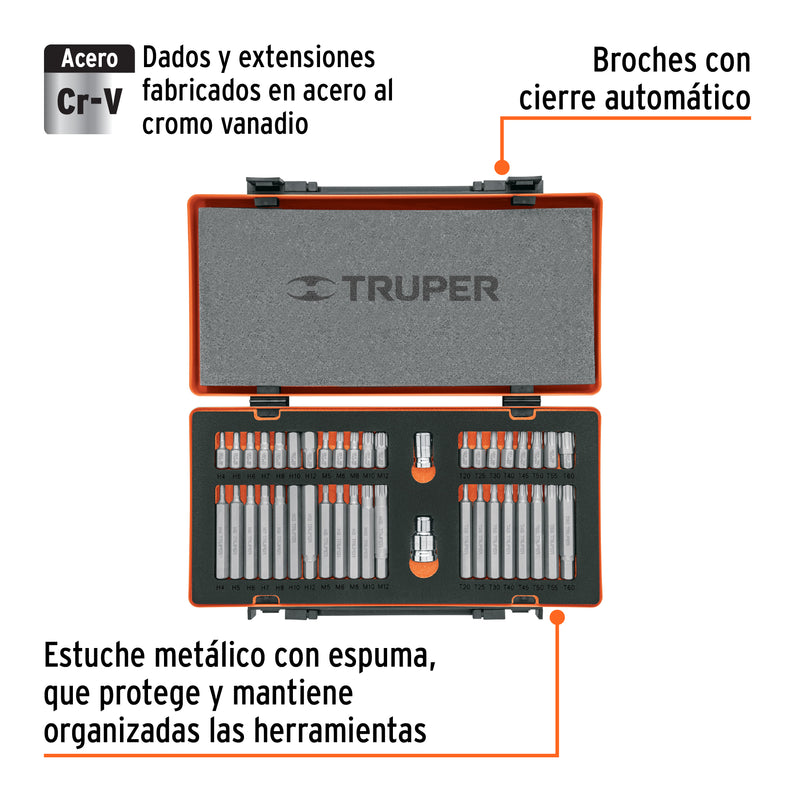 Juego 42 puntas 1/2" y 3/8" de 75 y 30 mm estuche metálico