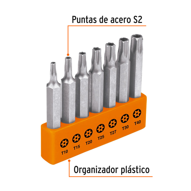 Juego de 7 puntas torx combinadas c/seguro largo 2"