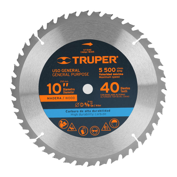 Disco sierra 10" para madera, 40 dientes centro 5/8", Truper