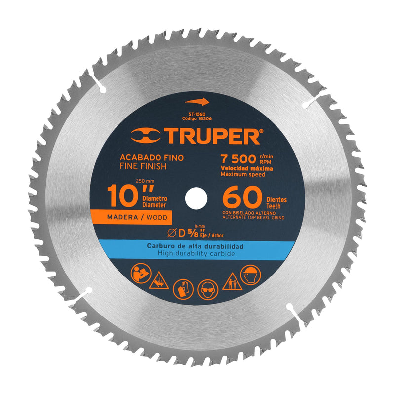 Disco sierra 10" para madera, 60 dientes centro 5/8", Truper