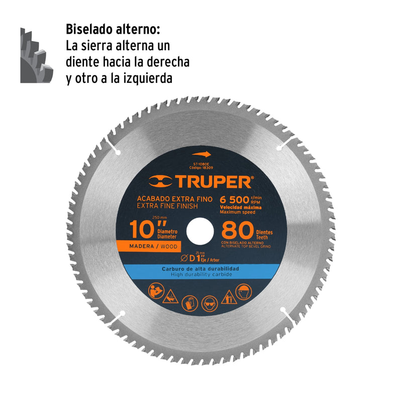 Disco sierra 10" para madera, 80 dientes centro 1", Truper
