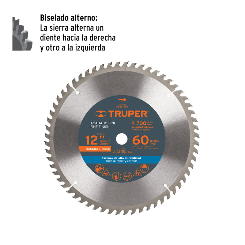 Disco sierra 12" para madera  Truper, 60 dientes centro 1"