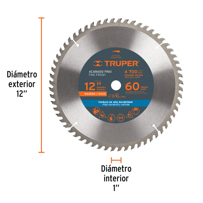 Disco sierra 12" para madera  Truper, 60 dientes centro 1"