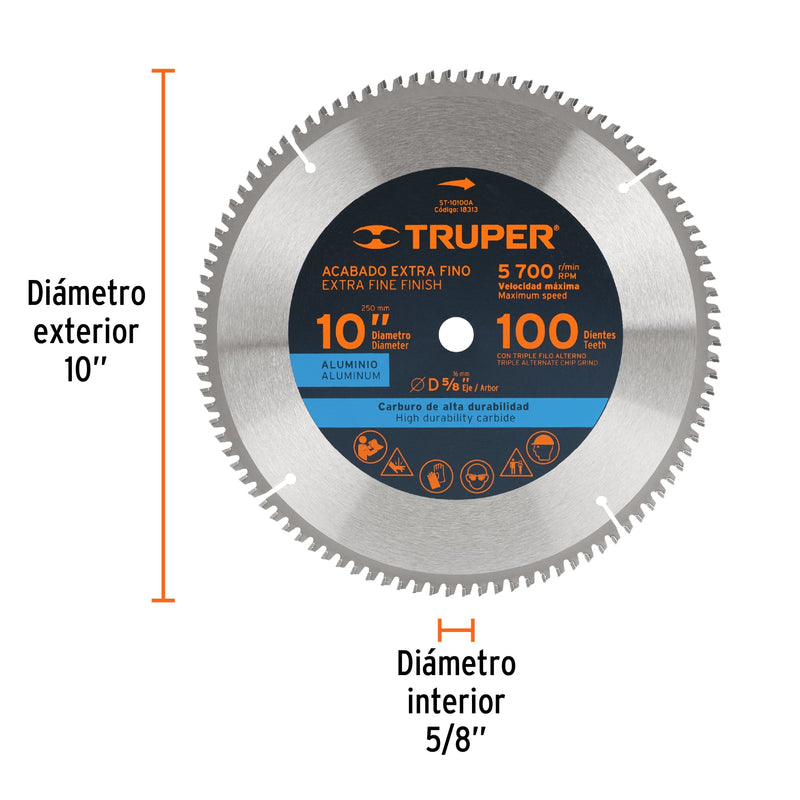 Disco sierra 10" para aluminio, 100 dientes centro 5/8"