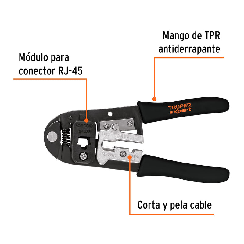 Pinza 8" ponchadora para cables RJ-45, 8 contactos, Truper