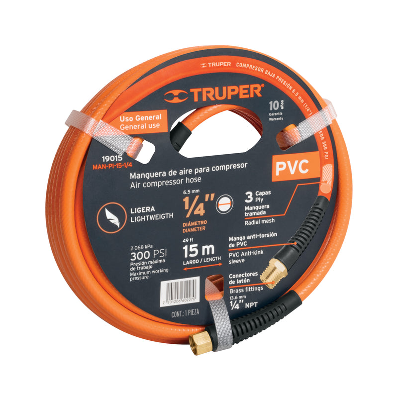 Manguera para compresor, de PVC, 15m x 1/4", Truper