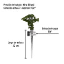 Aspersor plástico 11" dos vías estaca metálica, Pretul