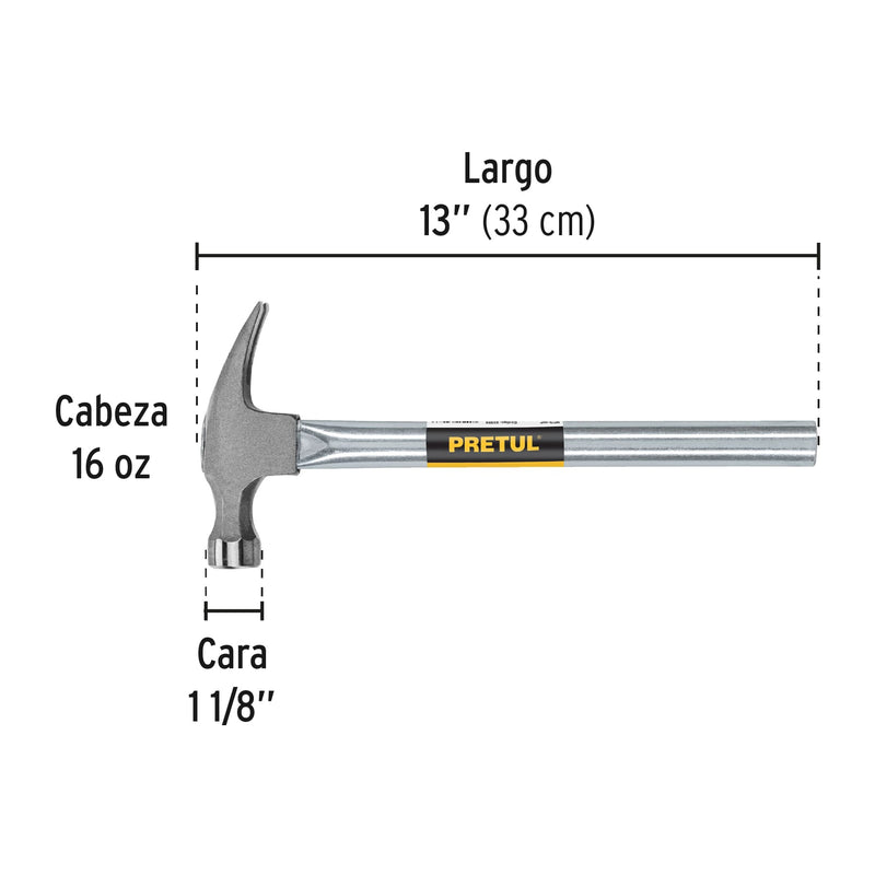 Martillo uña recta 16 oz, mango tubular