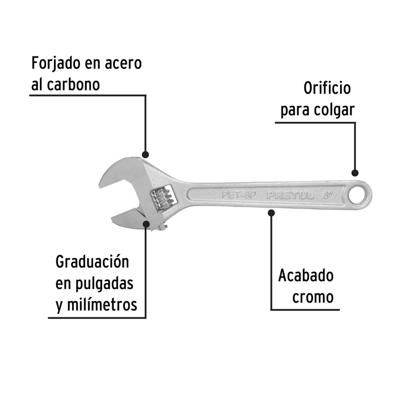 Llave ajustable (perico) 8" cromada