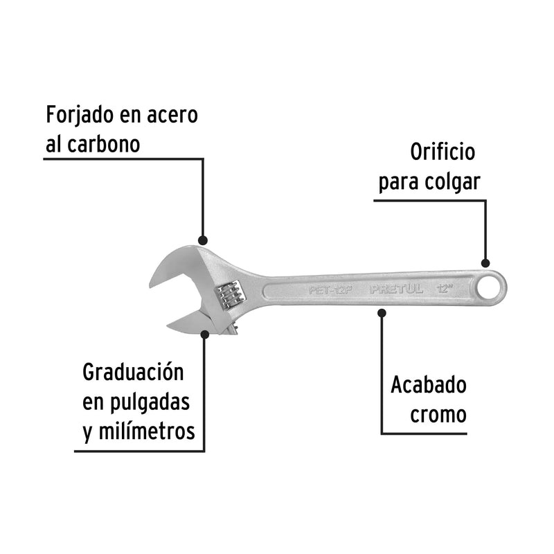 Llave ajustable (perico) 12" cromada