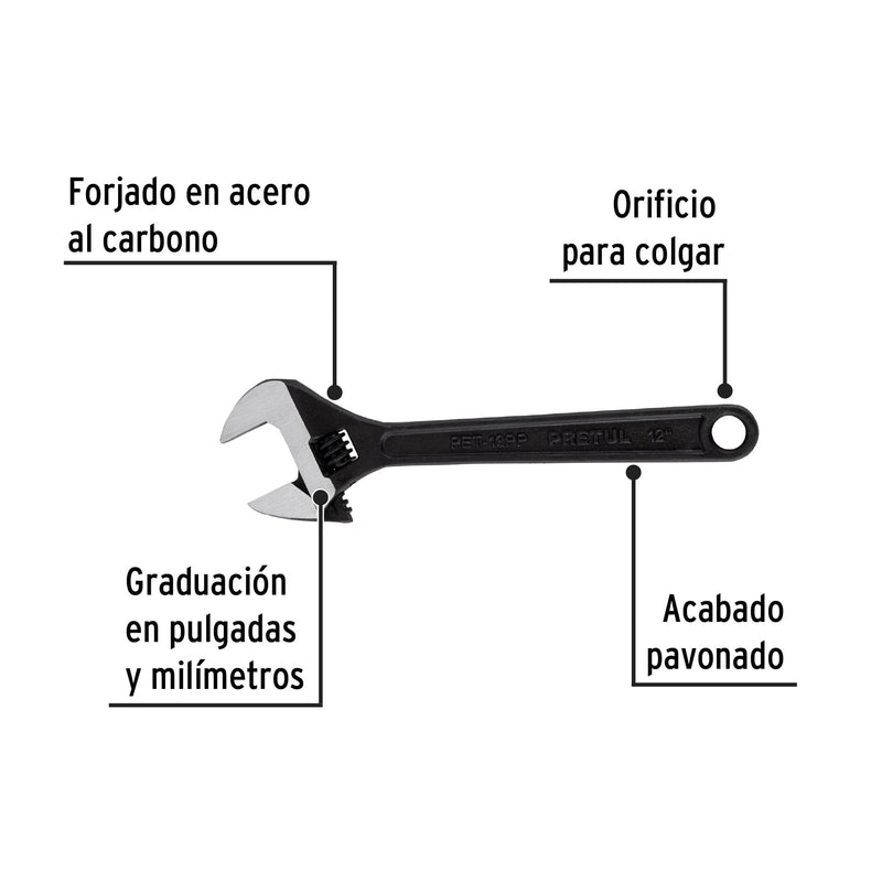 Llave ajustable (perico) 12" pavonada