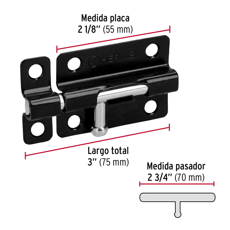 Pasador de barril 3" de acero acabado negro