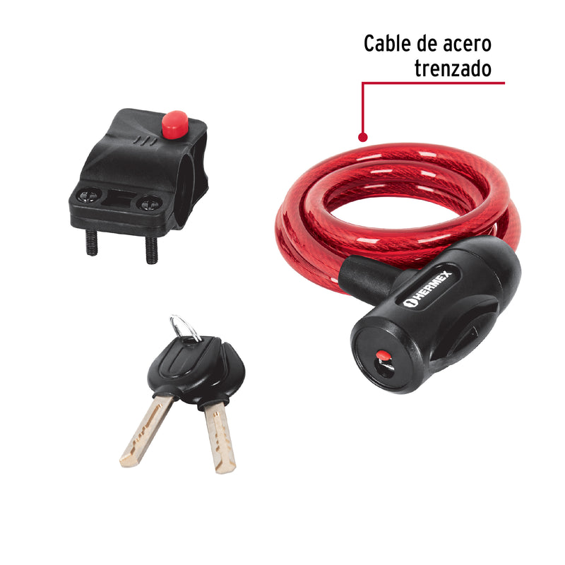 Candado de cable con llave, 10 mm X 1.0 m, Hermex