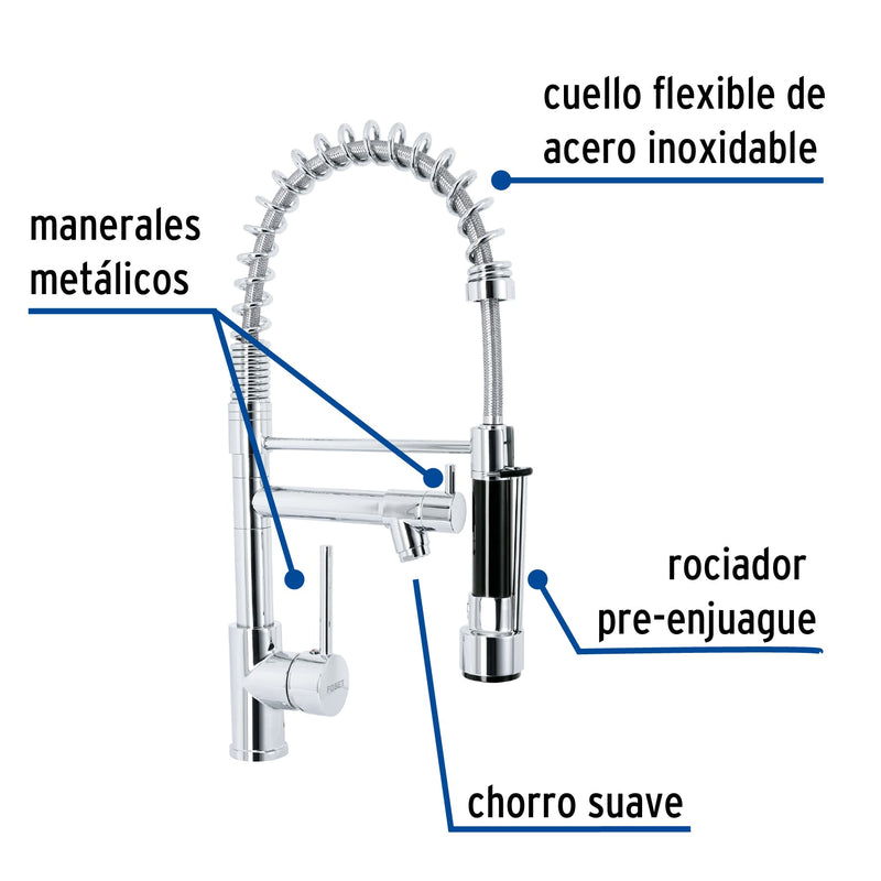 Monomando con doble salida para fregadero, Cromo, Foset