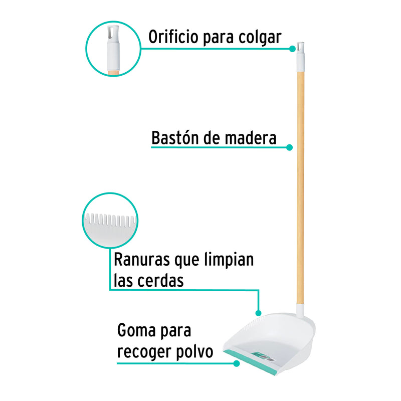 Recogedor plástico con bastón de madera, Klintek