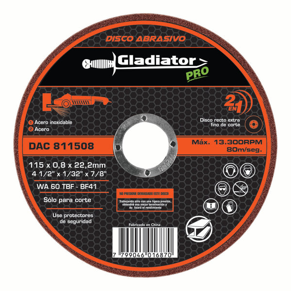 Disco de corte para acero y acero inoxidable Gladiator 115 x 0.8 x 22.2mm