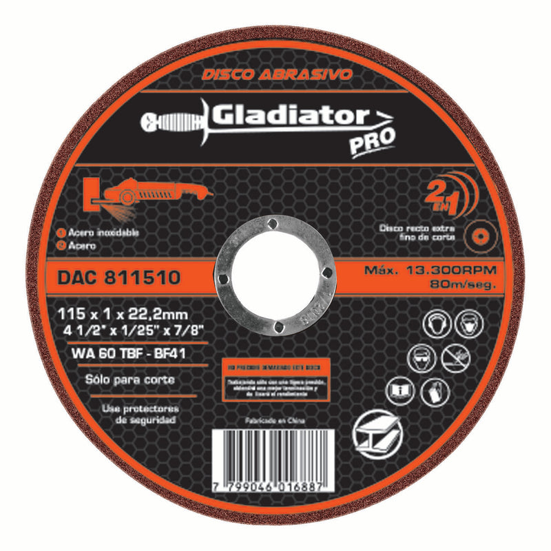 Disco de corte para acero y acero inoxidable Gladiator 115 x 1 x 22.2mm