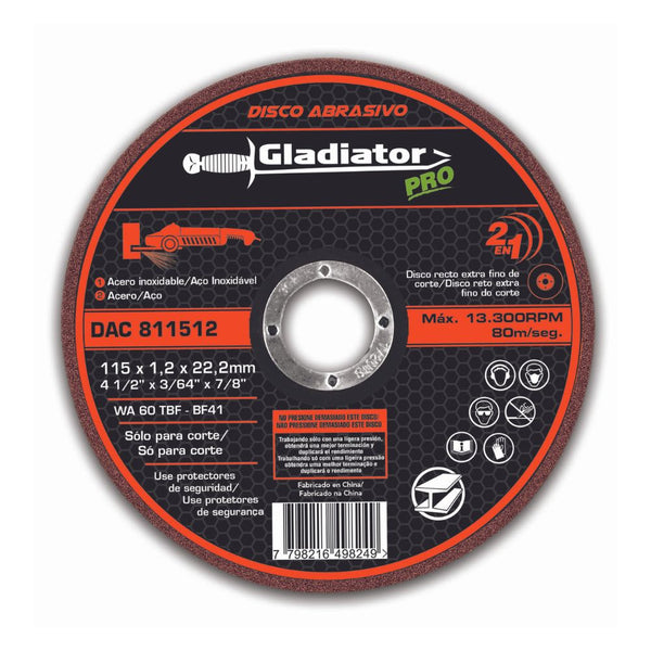 Disco de corte para acero y acero inoxidable Gladiator 115 x 1.2 x 22.2mm