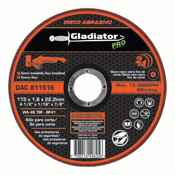 Disco de corte para acero y acero inoxidable Gladiator 115 x 1.6 x 22.2mm