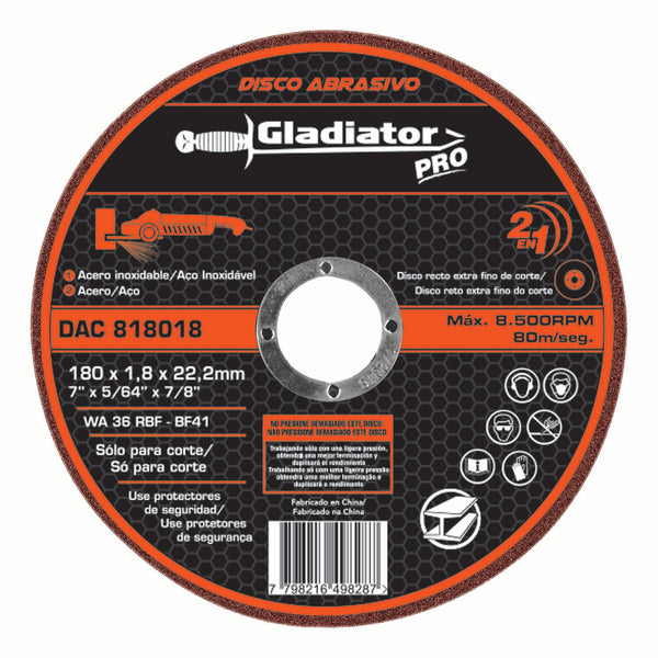 Disco de corte para acero y acero inoxidable Gladiator 180 x 1.8 x 22.2mm