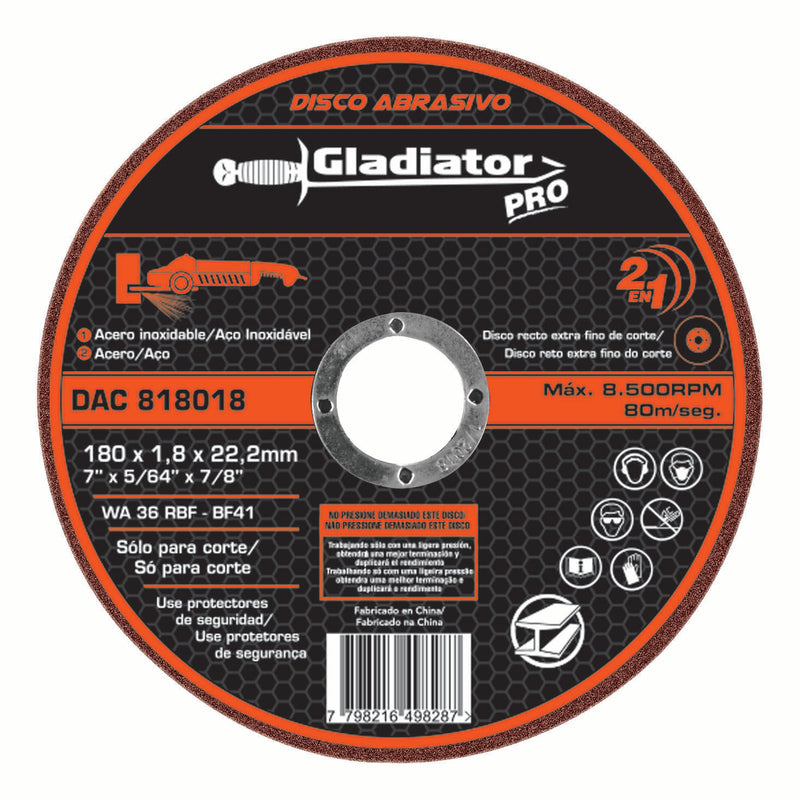 Disco de corte para acero y acero inoxidable Gladiator 180 x 1.8 x 22.2mm
