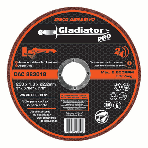 Disco de corte para acero y acero inoxidable Gladiator 230 x 1.8 x 22.2mm