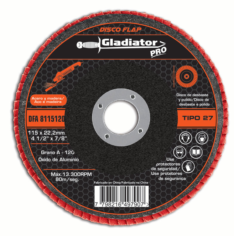 Disco flap para acero y madera Gladiator 115 x 22.2mm grano 120