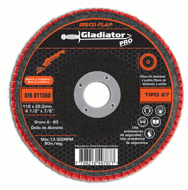 Disco flap para acero y madera Gladiator 115 x 22.2mm grano 60