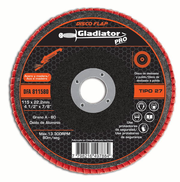 Disco flap para metal y madera Gladiator 115 x 22.2mm grano 80