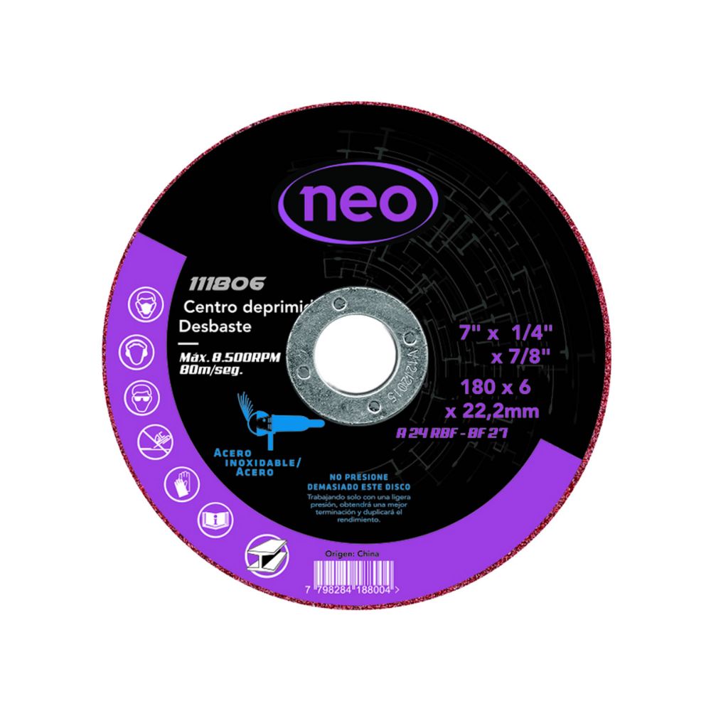 Disco de desbaste para acero y acero inoxidable NEO 180 x 6 x 22.2mm