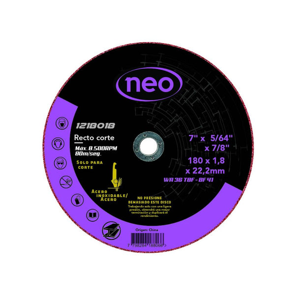 Disco de corte para acero y acero inoxidable Neo 180 x 1.8 x 22.2 mm
