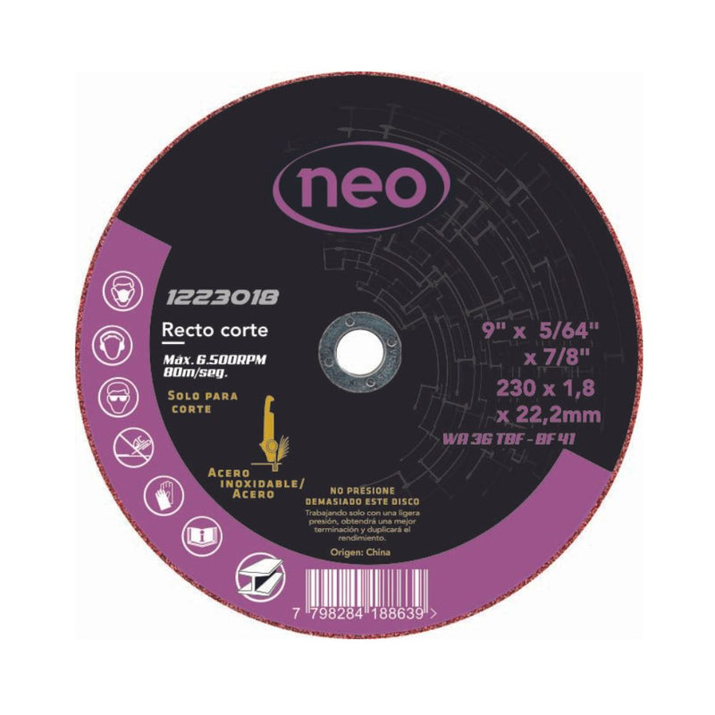 Disco de corte para acero y acero inoxidable Neo 230 x 1.8 x 22.2mm