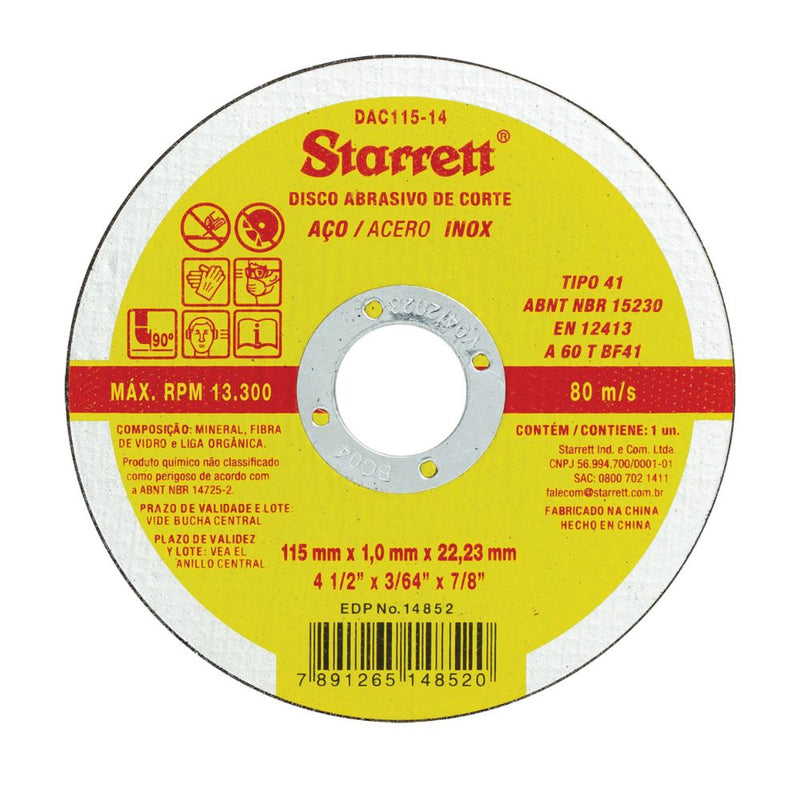 Disco de corte para acero y acero inoxidable Starrett 115x 1.0 x22.23mm