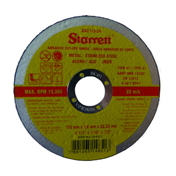 Disco de corte de metal para acero y acero inoxidable Starrett 115 x 1.6 x 22.23mm