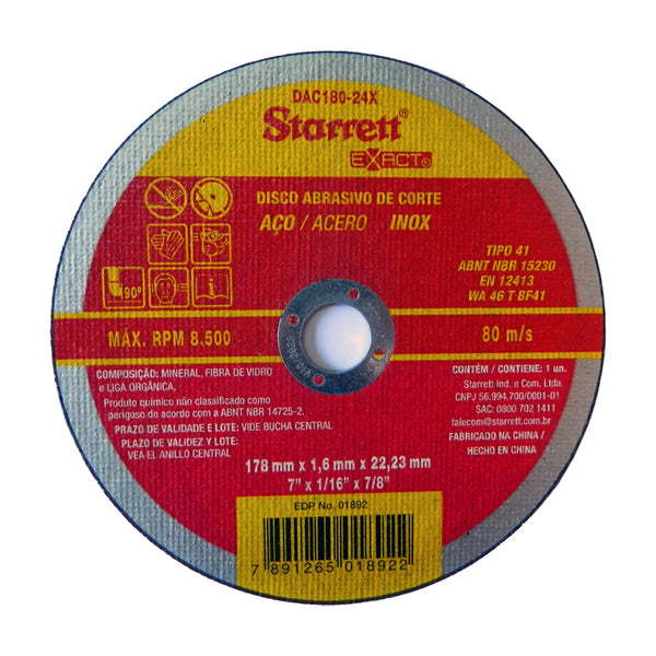 Disco de corte metal para acero y acero inoxidable Starrett 178 x 1.6 x 22.23mm
