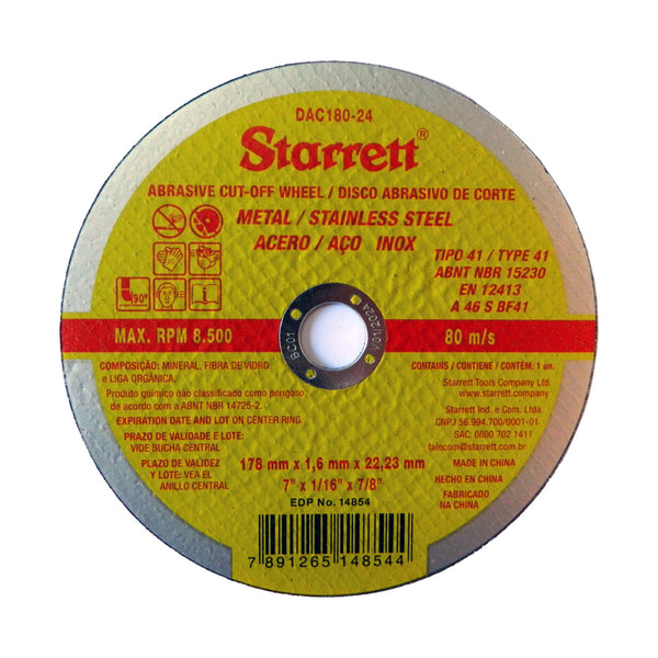 Disco de corte abrasivo metal para acero y acero inoxidable Starrett 178 x 1.6 x 22.23mm