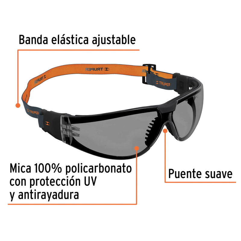 Lente de seguridad Truper, color gris con banda elástica