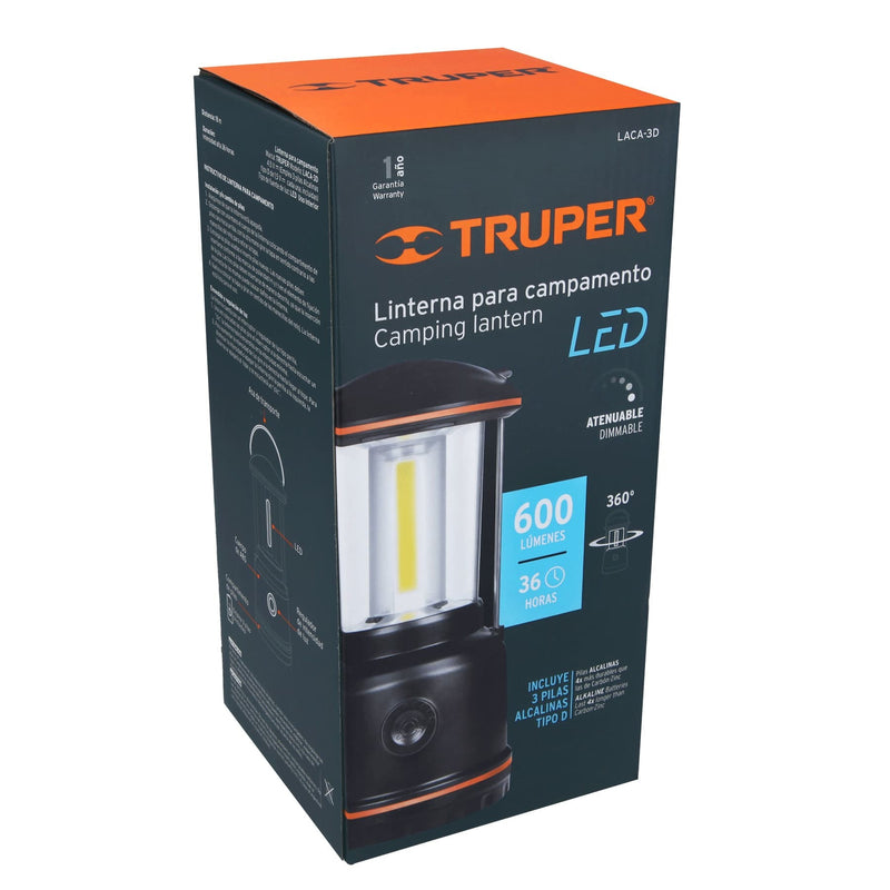 Linterna LED para campamento Truper, tipo farol de Pilas 3 D Luz atenuable
