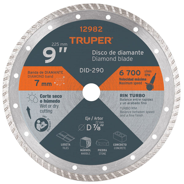 Disco de diamante Truper 9" x 3 mm, rin turbo