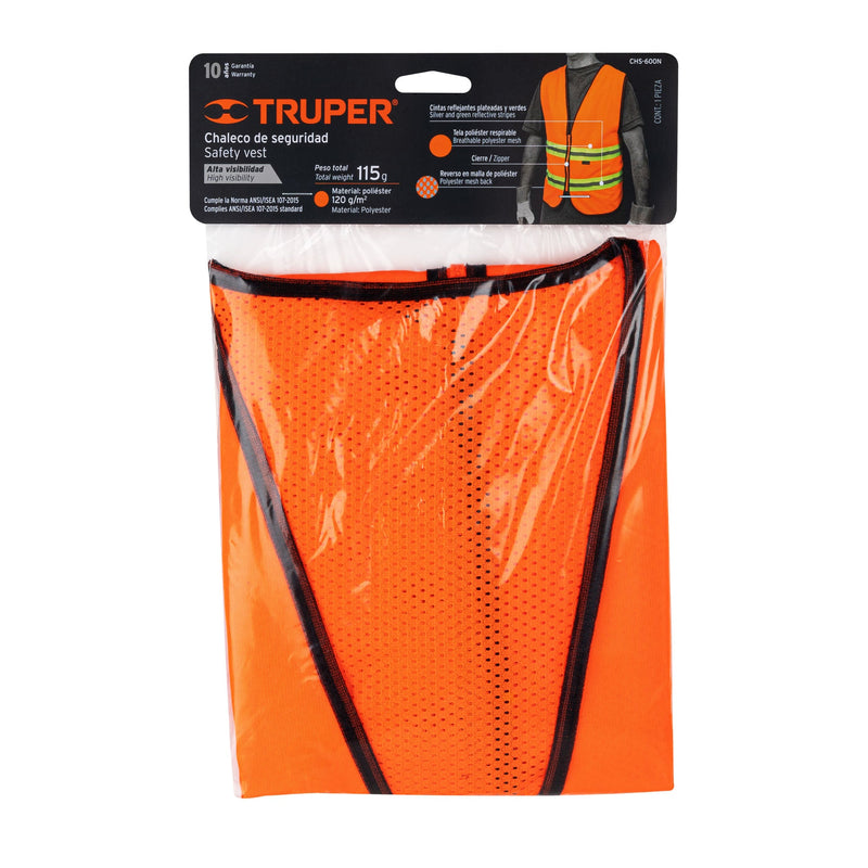 Chaleco de seguridad Truper, alta visibilidad, naranja