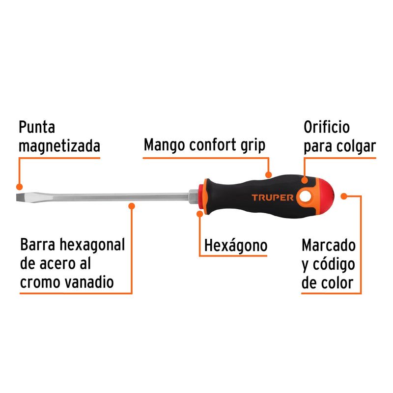 Desarmador plano Truper 1/4" x 6", mango Comfort Grip