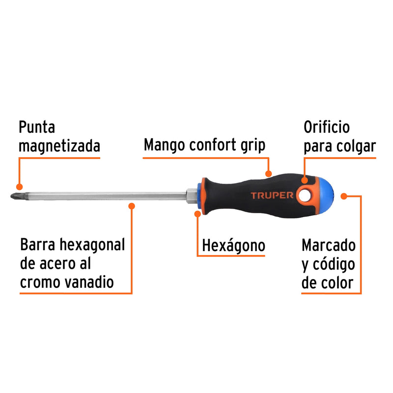 Desarmador de cruz Truper 1/4" x 6", mango Comfort Grip
