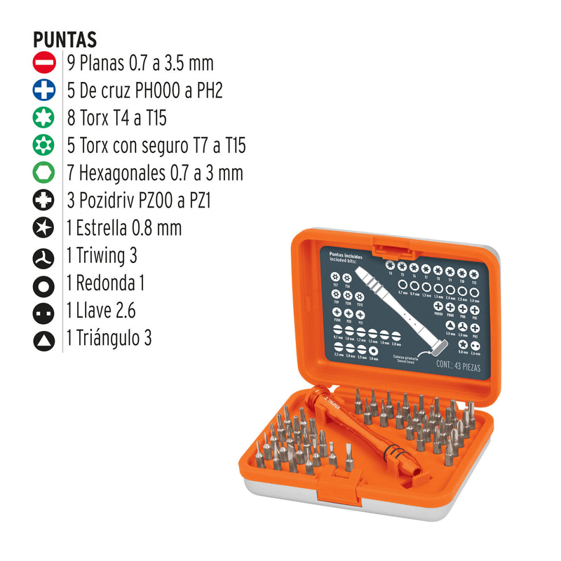 Desarmador de precisión Truper con 42 puntas intercambiables