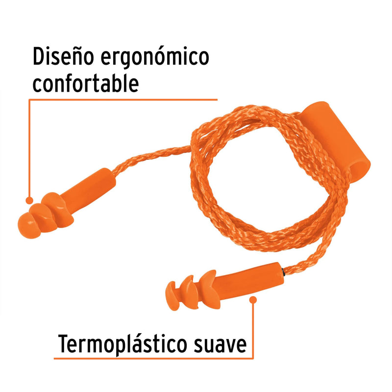 Tapón auditivo reutilizable Truper,  triple barrera con cordón