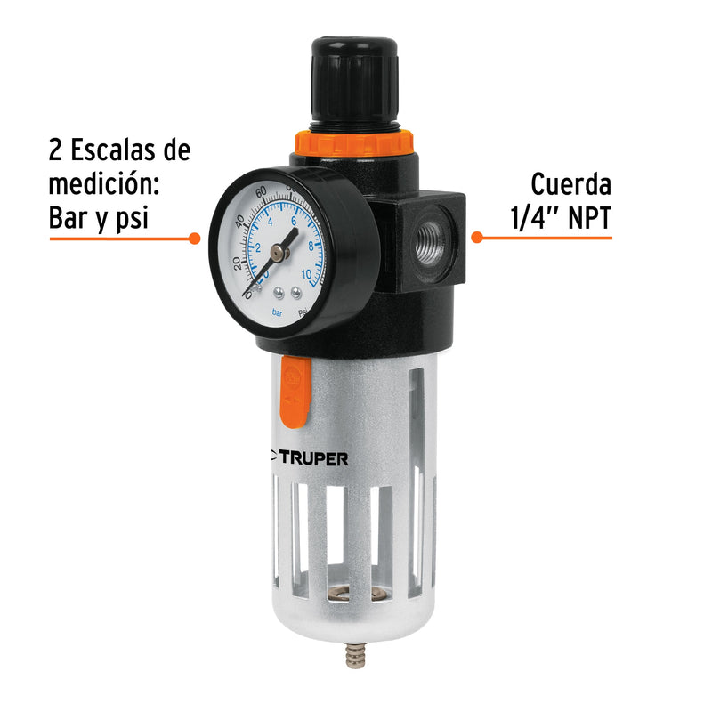 Filtro y regulador de presión de aire Truper, cuerda 1/4 NPT