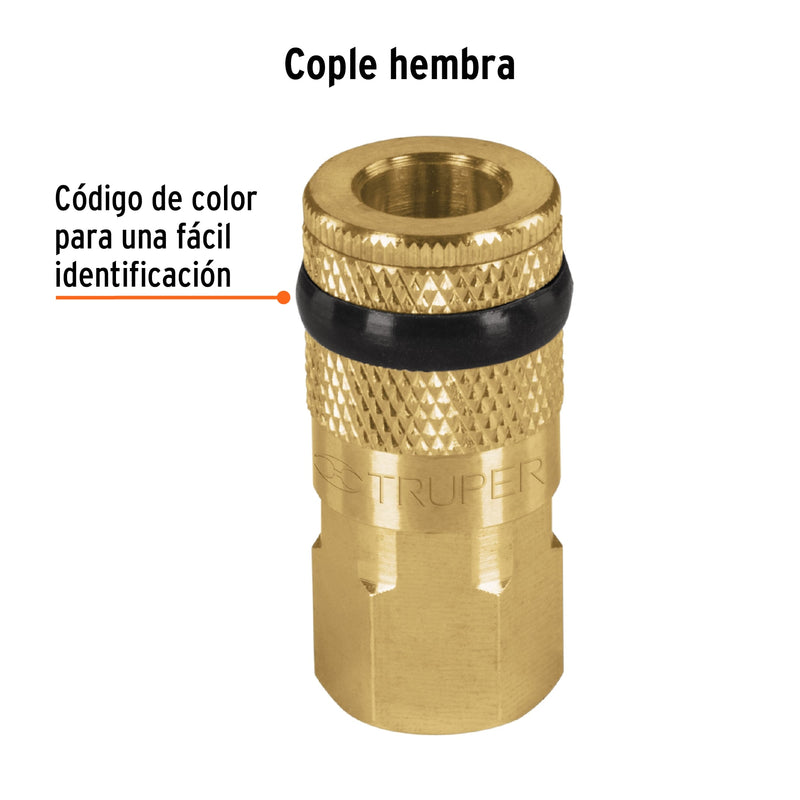 Cople de latón hembra Truper, cuerda 1/4 NPT