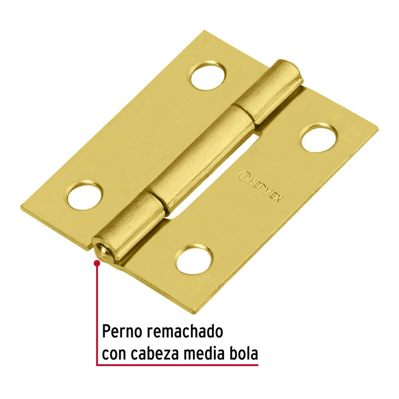 2 bisagras rectangulares Hermex, 1-1/2" acero latonado