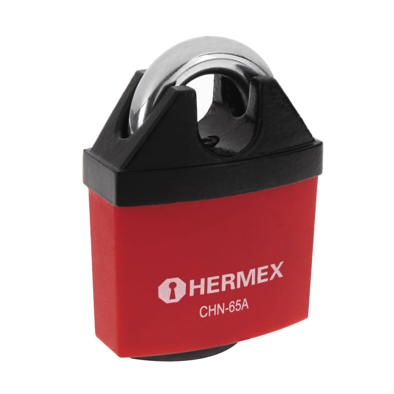 Candado de hierro 65 mm Hermex gancho protegido, llave anti-ganzúa
