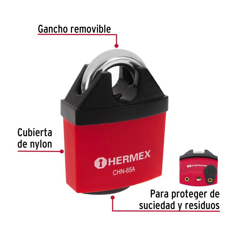 Candado de hierro 65 mm Hermex gancho protegido, llave anti-ganzúa