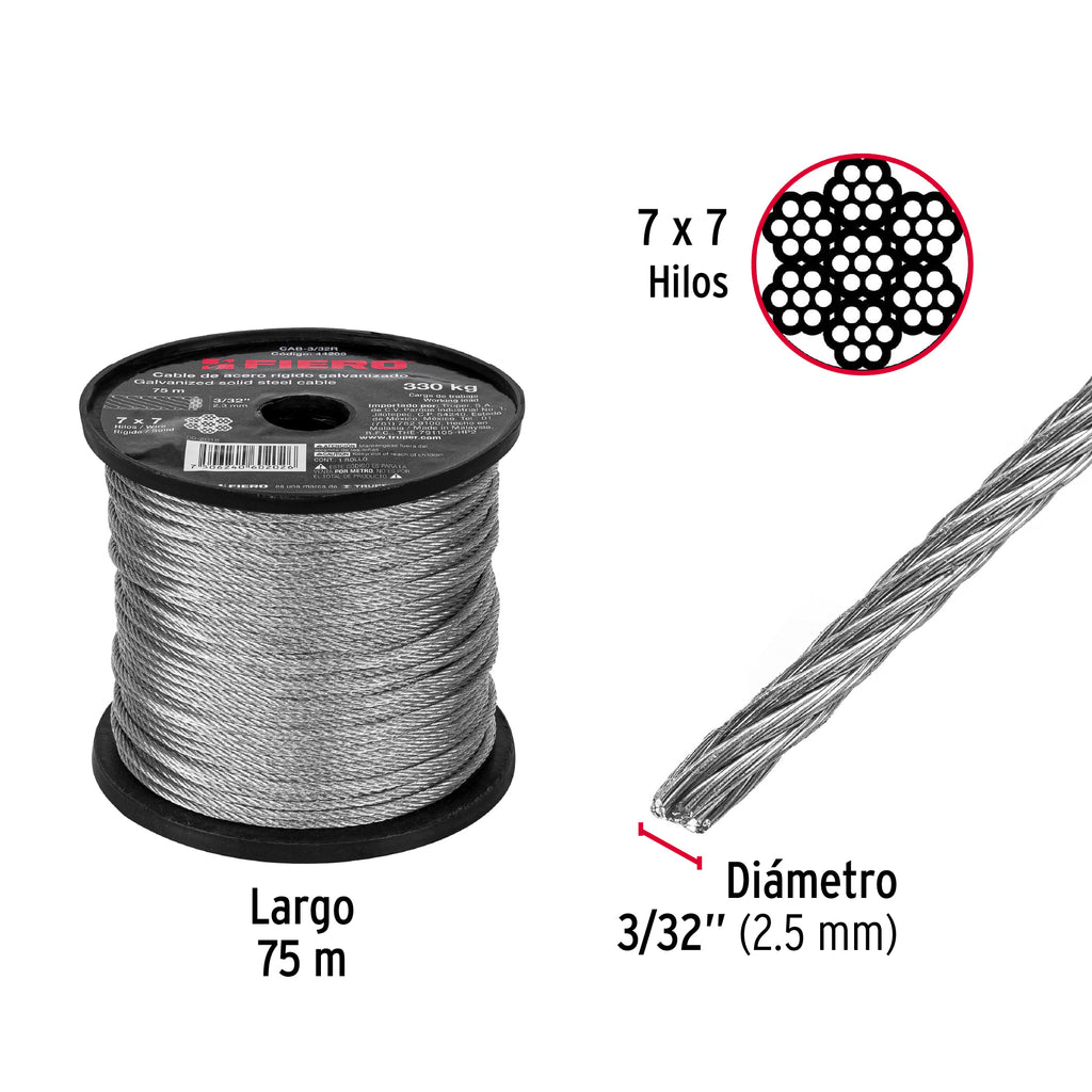 SURTEK Cable, 3/32 Diám. Exterior, Acero, 75m Longitud, Trenzado 7x7,  Límite de Carga de Trabajo: 417kg - Cable de Acero - 28P801